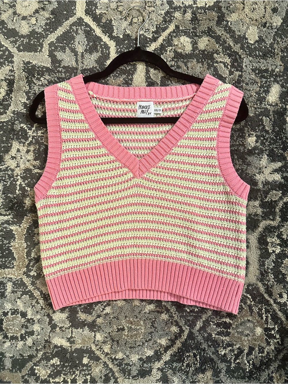 Princess Polly Pink & Cream Striped Knit V-Neck Sweater Tank